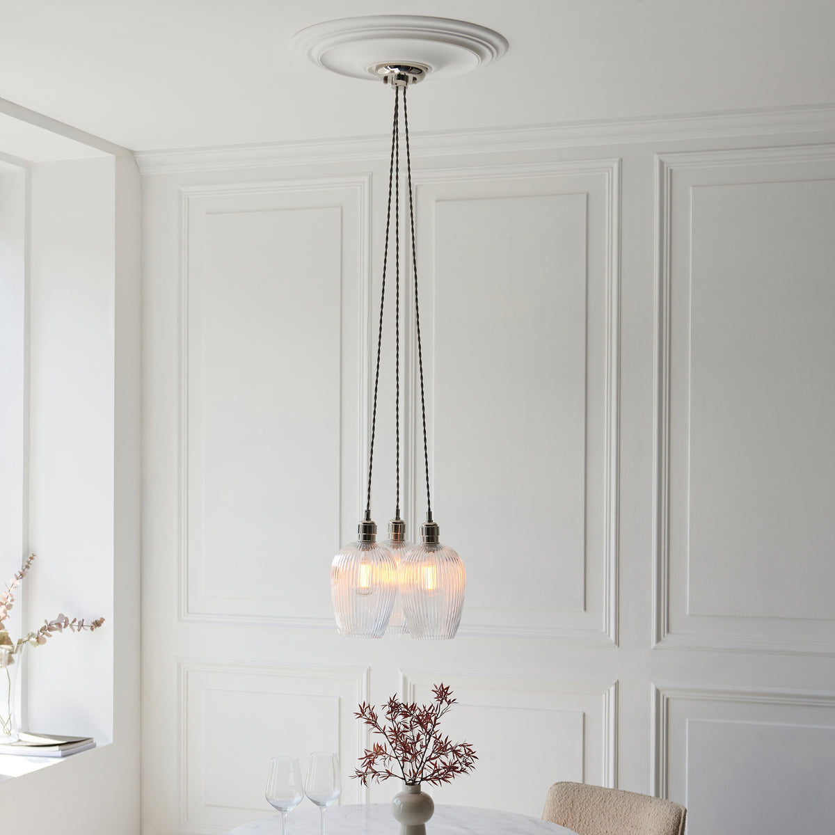 Gallery Direct Polaris 3 Ribbed Cluster Pend Light Bright Nickel, styled in a room setting