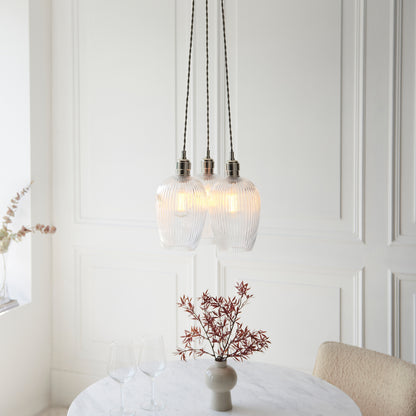 Gallery Direct Polaris 3 Ribbed Cluster Pend Light Bright Nickel, styled in a room setting