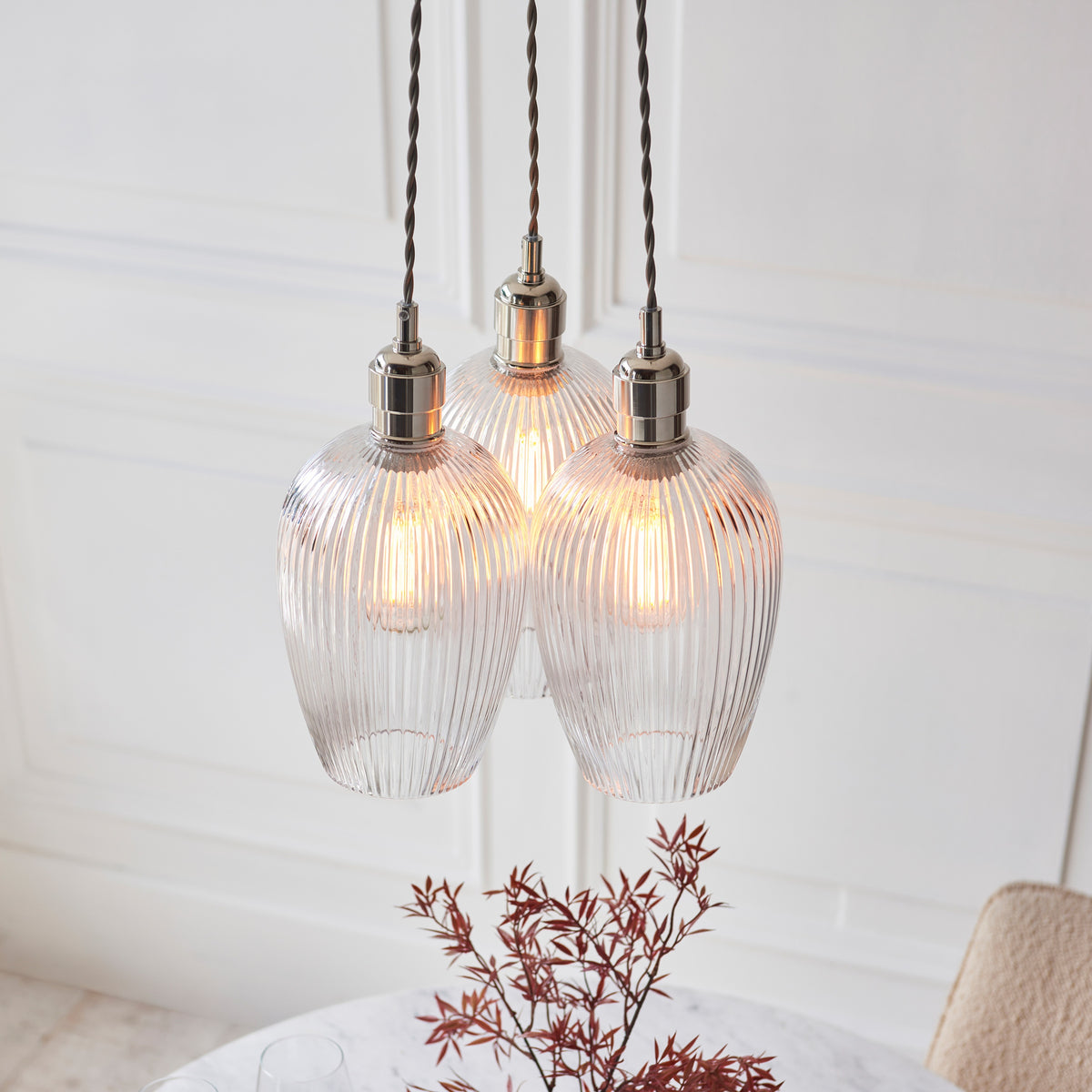 Gallery Direct Polaris 3 Ribbed Cluster Pend Light Bright Nickel, styled in a room setting
