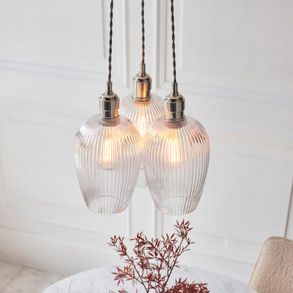 Gallery Direct Polaris 3 Ribbed Cluster Pend Light Bright Nickel, styled in a room setting