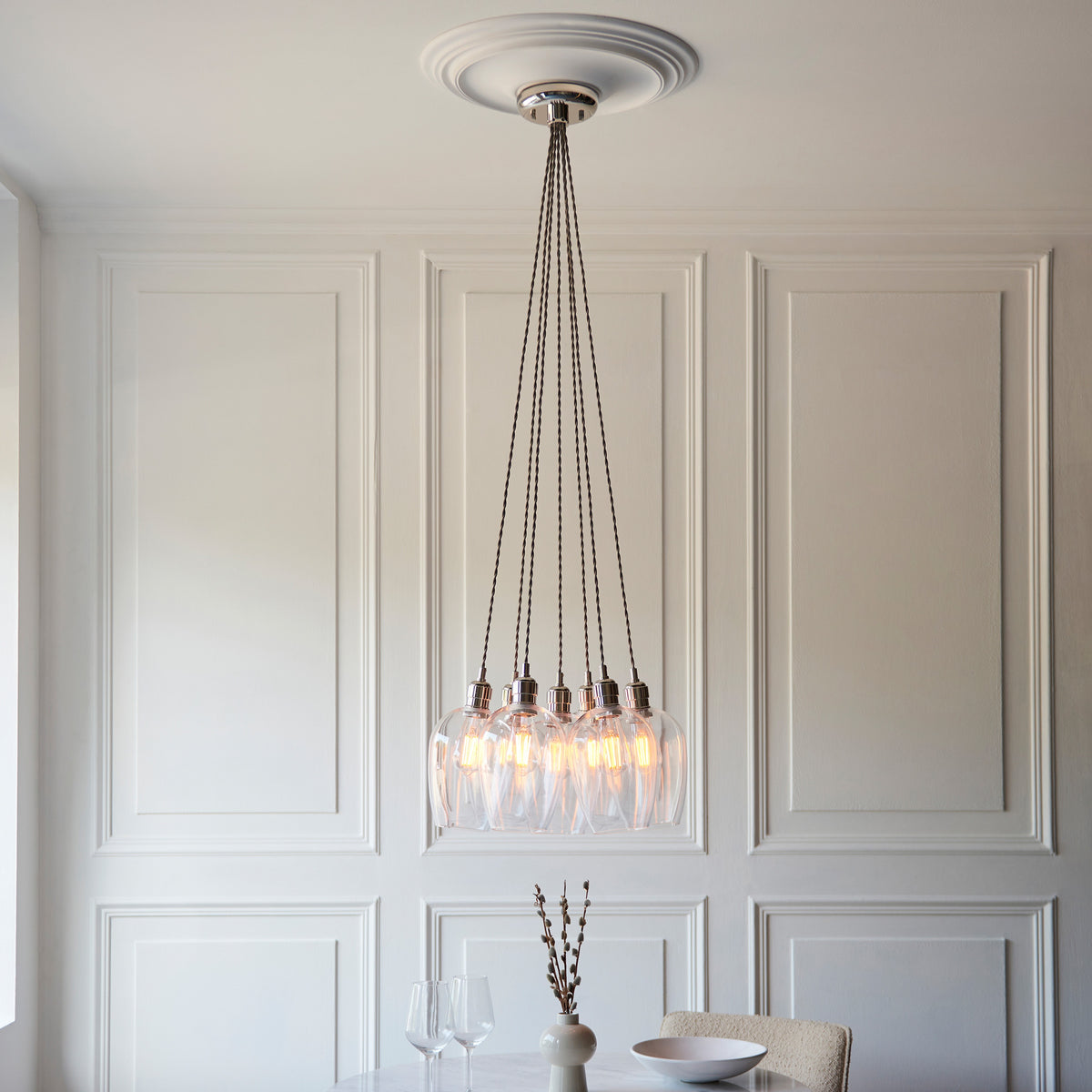 Gallery Direct Polaris 7 Cluster Pendant Light Bright Nickel, styled in a room setting