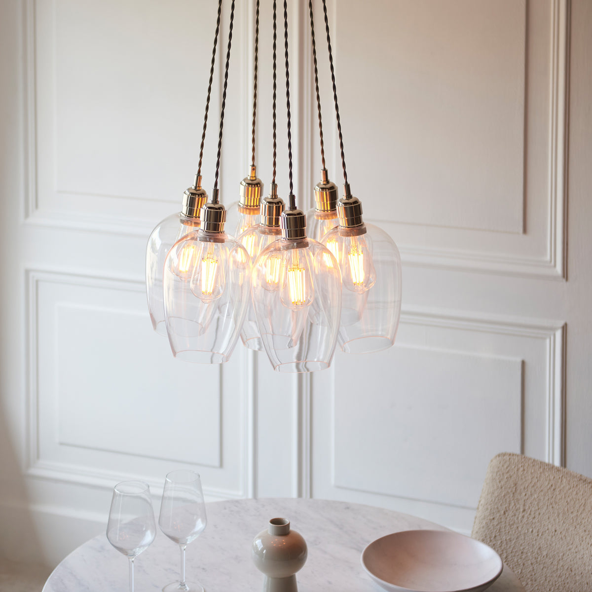 Gallery Direct Polaris 7 Cluster Pendant Light Bright Nickel, styled in a room setting