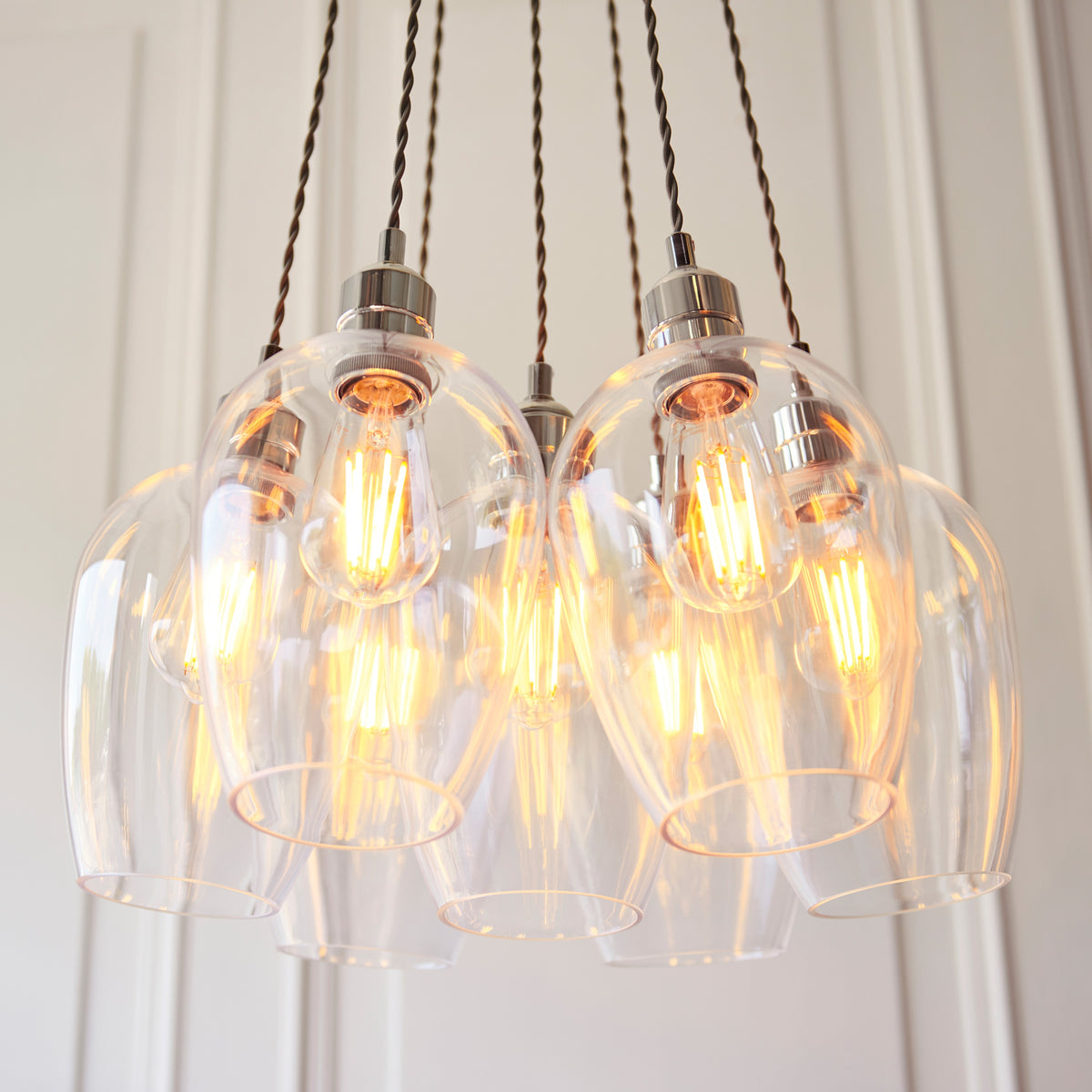 Gallery Direct Polaris 7 Cluster Pendant Light Bright Nickel, close-up of the finish and design