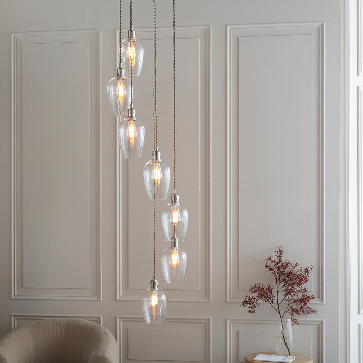 Gallery Direct Polaris 7 Pendant Light Bright Nickel, styled in a room setting