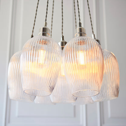 Gallery Direct Polaris 7 Ribbed Cluster Pend Light Bright Nickel, close-up of the finish and design