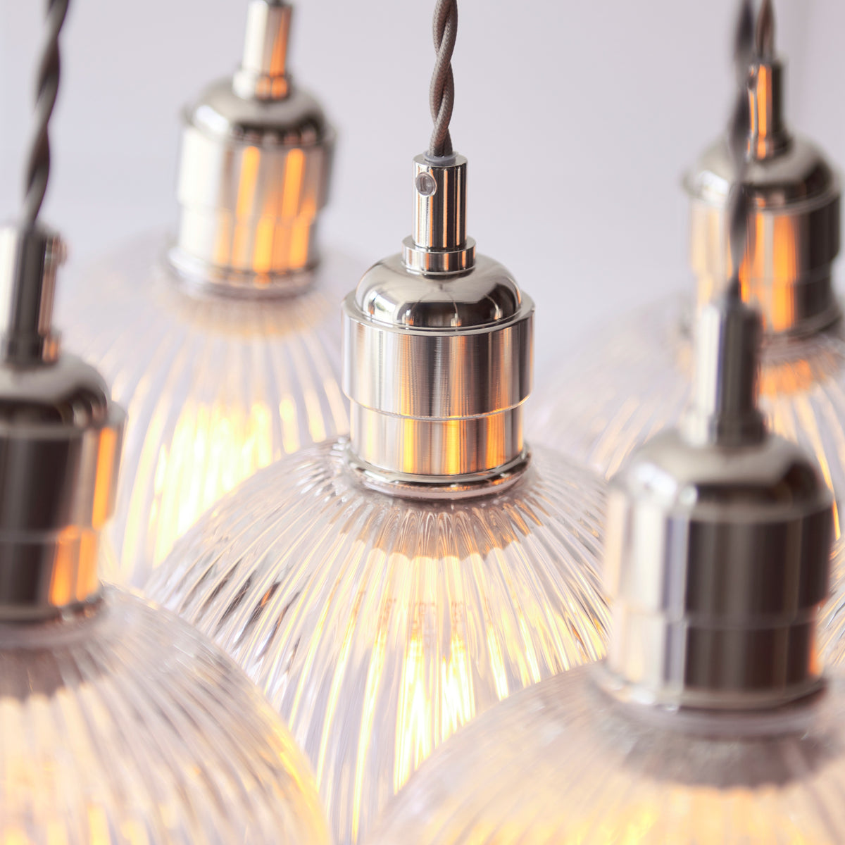 Gallery Direct Polaris 7 Ribbed Cluster Pend Light Bright Nickel, close-up of the finish and design