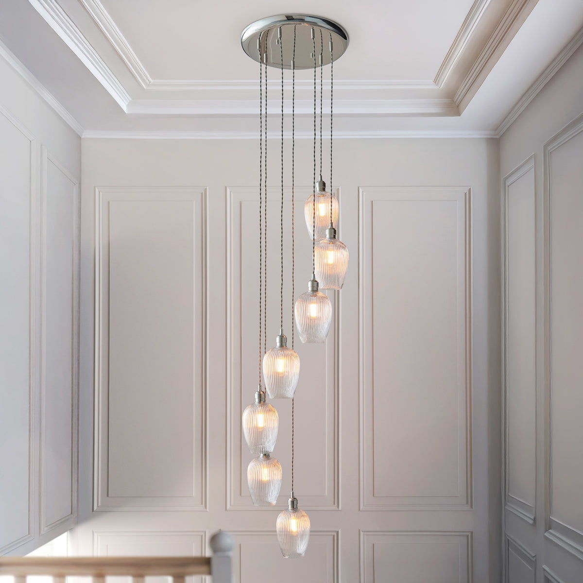 Gallery Direct Polaris 7 Ribbed Pendant Light Bright Nickel, styled in a room setting