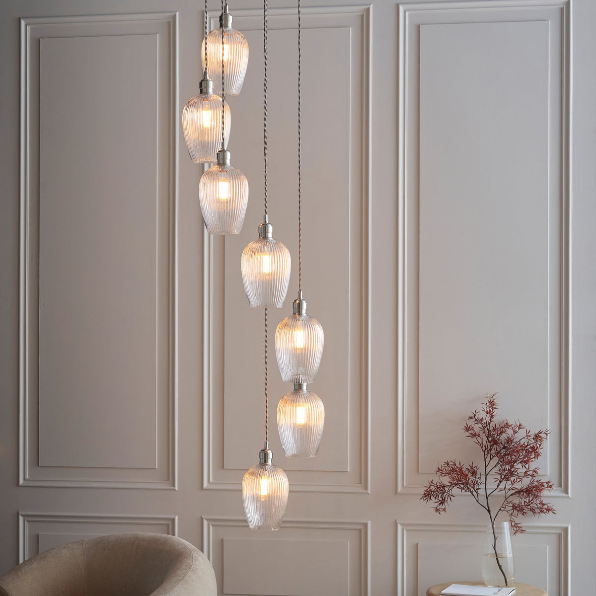 Gallery Direct Polaris 7 Ribbed Pendant Light Bright Nickel, styled in a room setting