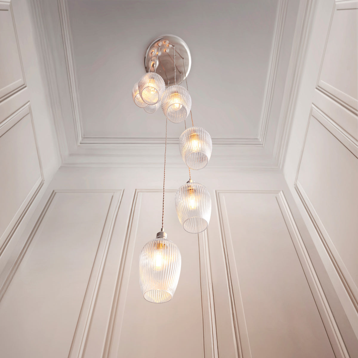 Gallery Direct Polaris 7 Ribbed Pendant Light Bright Nickel, styled in a room setting