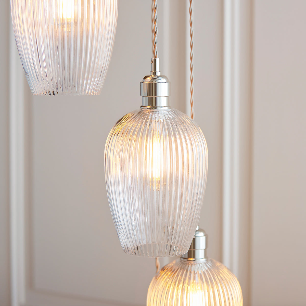 Gallery Direct Polaris 7 Ribbed Pendant Light Bright Nickel, close-up of the finish and design