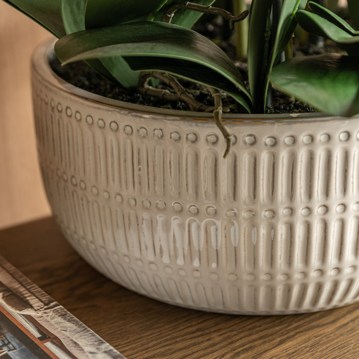 Gallery Direct Real Touch Plum Orchid In Ceramic Ridged Pot, close-up showing its finish and detail