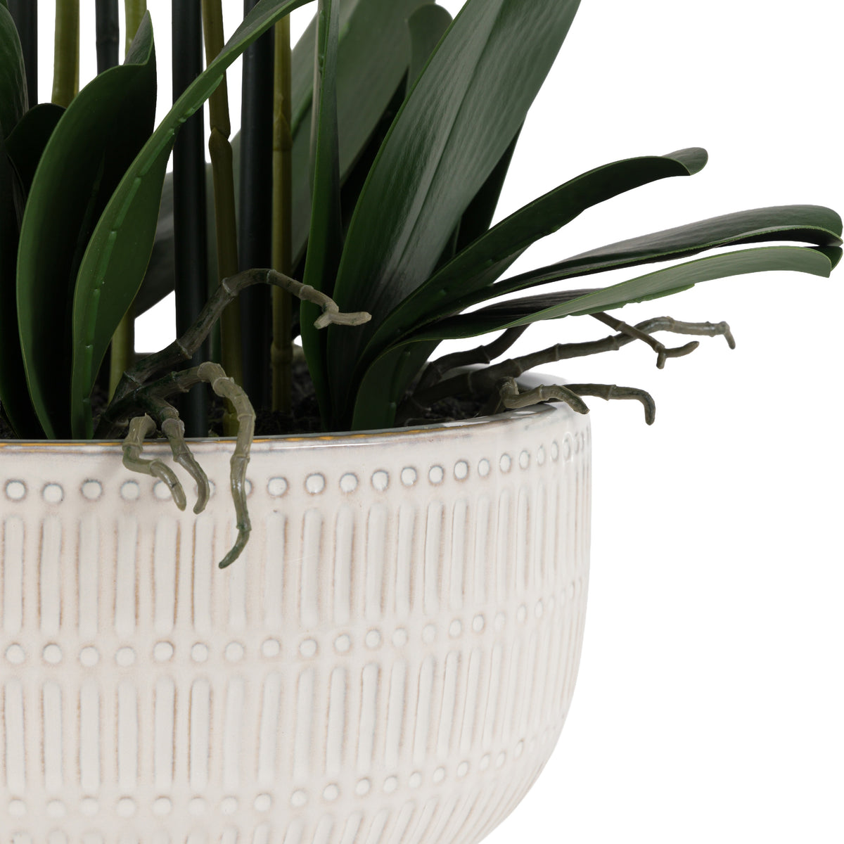 Gallery Direct Real Touch Plum Orchid In Ceramic Ridged Pot, close-up showing its finish and detail