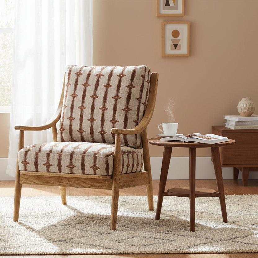 Gallery Direct Reliant Armchair in Indra Stripe features a solid Ash wood frame and generously padded seat cushion and backrest upholstered in a diamond weave pattern 