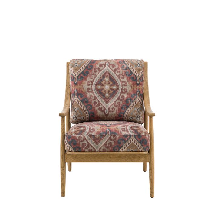 Gallery Direct Reliant Armchair has an ash wood frame and padded seat cushions upholstered in Zari Jacquard patterned fabric