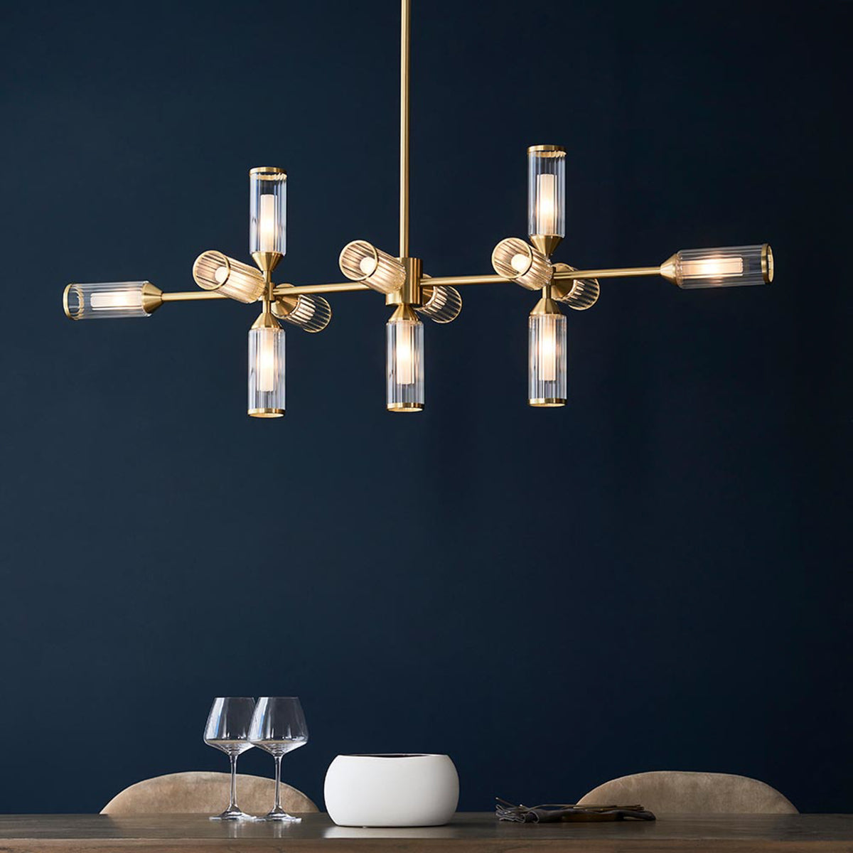 Gallery Direct Remo 13 Linear Pendant Light Satin Brass, styled in a room setting