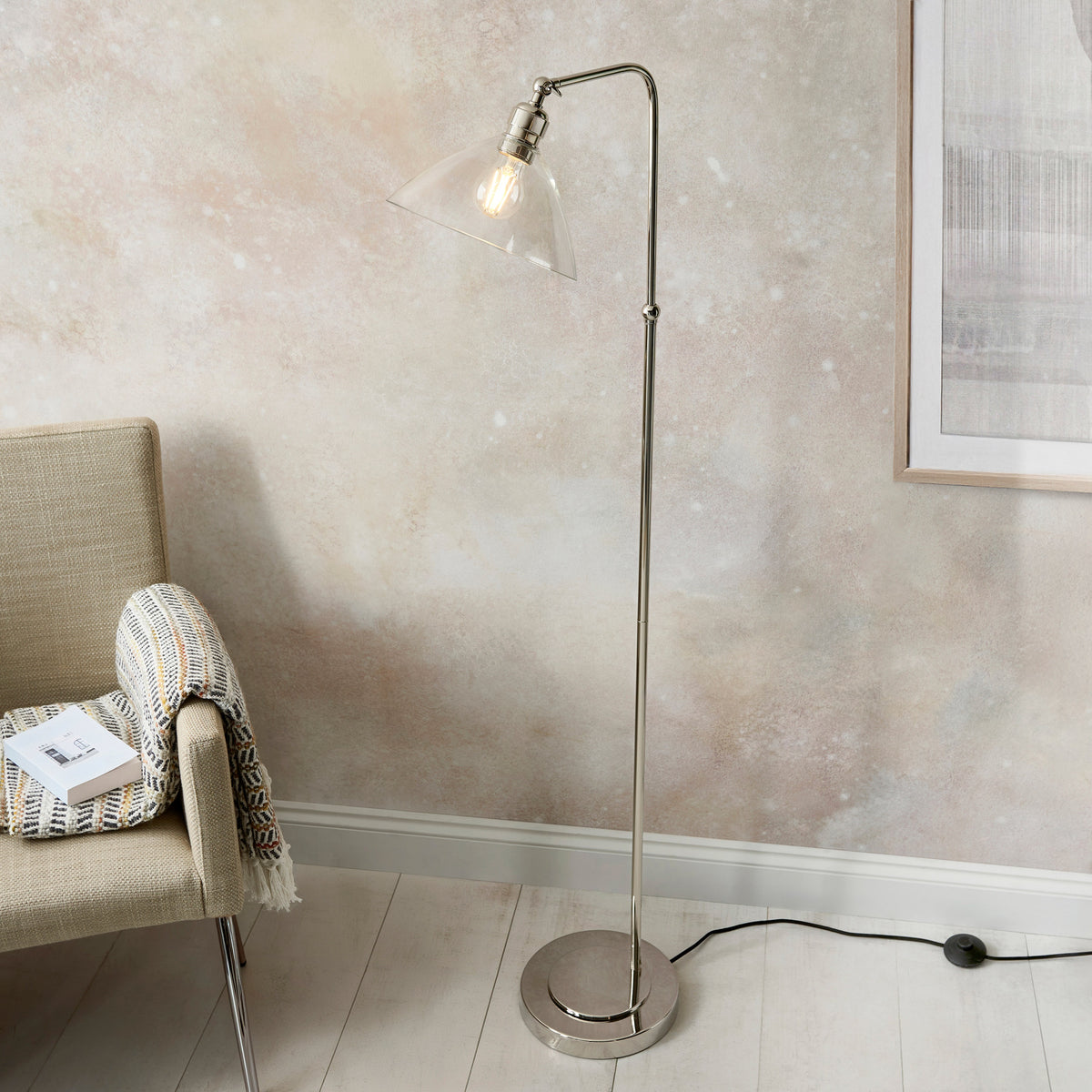 Gallery Direct Renata Floor Lamp Bright Nickel, styled in a room setting