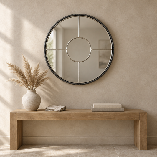 Gallery Direct Rocca Round Mirror Silver above an oak console in a neutral interior