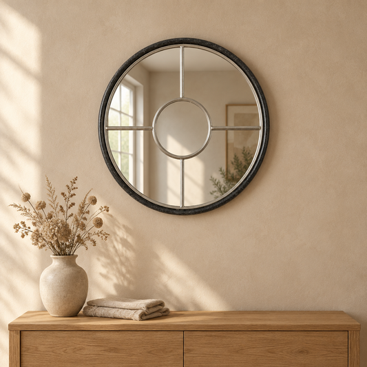 Gallery Direct Rocca Round Mirror Silver above an oak console in a neutral interior