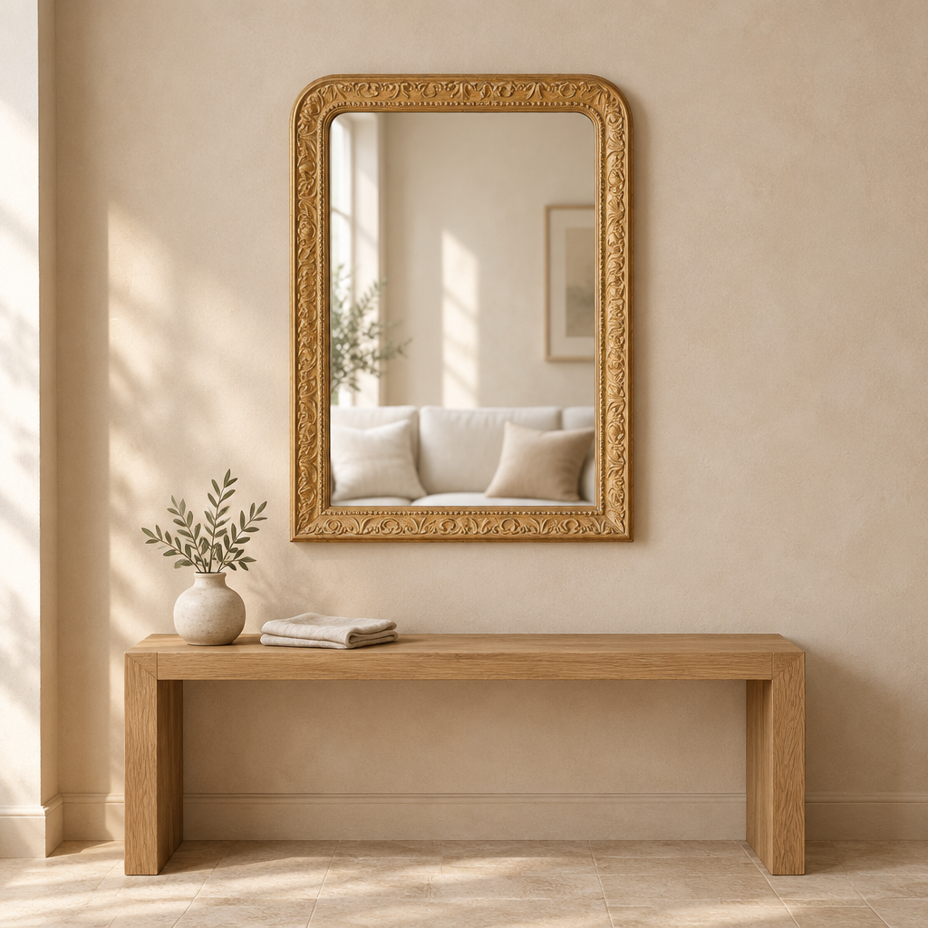 Gallery Direct Romana Arch Mirror Gold above an oak console in a neutral interior