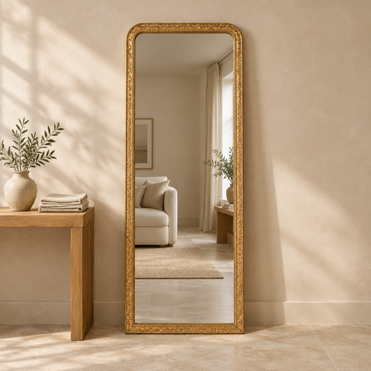 Gallery Direct Romana Leaner Mirror Gold positioned beside an oak console in a neutral interior