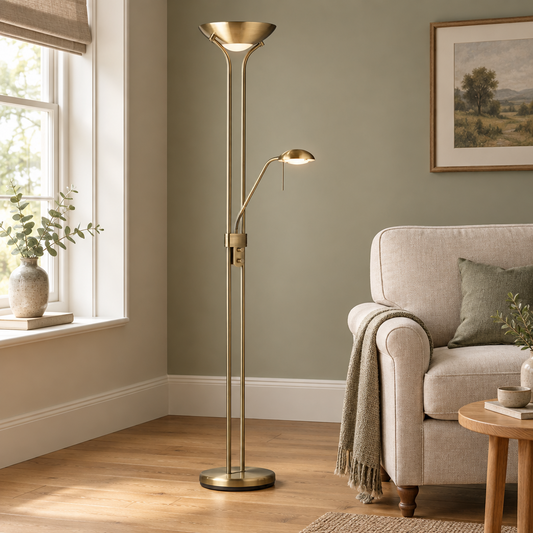 Gallery Direct Rome Floor Lamp Antique Brass styled beside a linen armchair