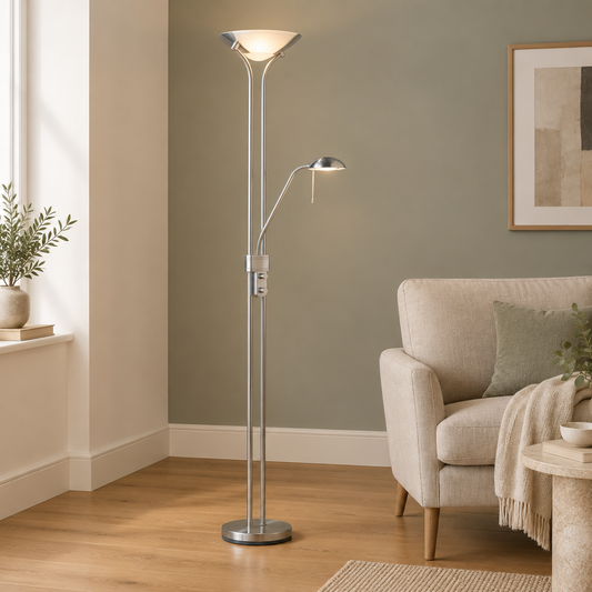Gallery Direct Rome Floor Lamp Satin Chrome styled beside a linen armchair
