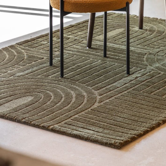 Gallery Direct Saser large olive green area rug that measures 1600x2300mm, in a contemporary geometric design