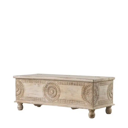 Gallery Direct Satara Storage Table Bench is hand crafted from mango wood and features intricate carved detailing and a washed finish with hinged lid and generous storage
