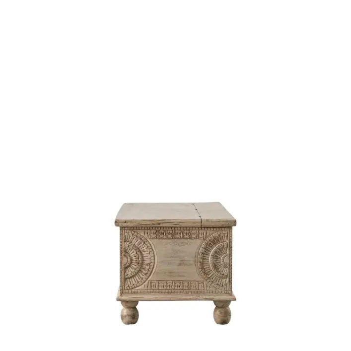 Gallery Direct Satara Storage Table Bench with a hinged lid top and carved detailing with a subtle washed finish