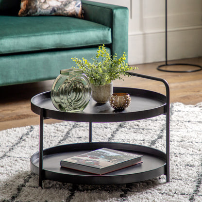 Gallery Direct Sennen Coffee Table in Black metal, features a tray-style table top, lower shelf and handle element