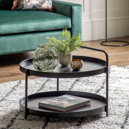 Gallery Direct Sennen Coffee Table in Black metal, features a tray-style table top, lower shelf and handle element