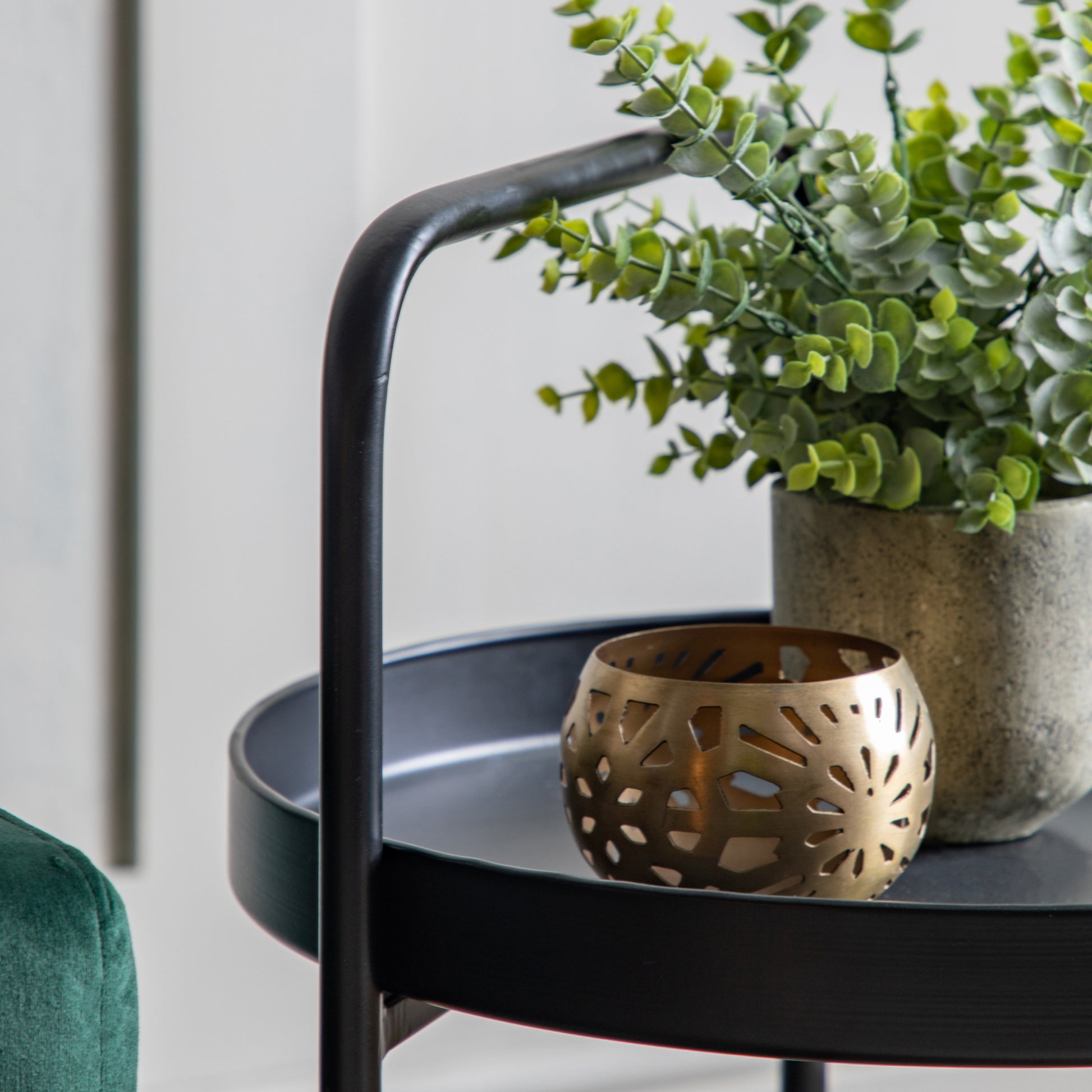 Gallery Direct Sennen Side Table in Black metal with handle detail and tray style table top