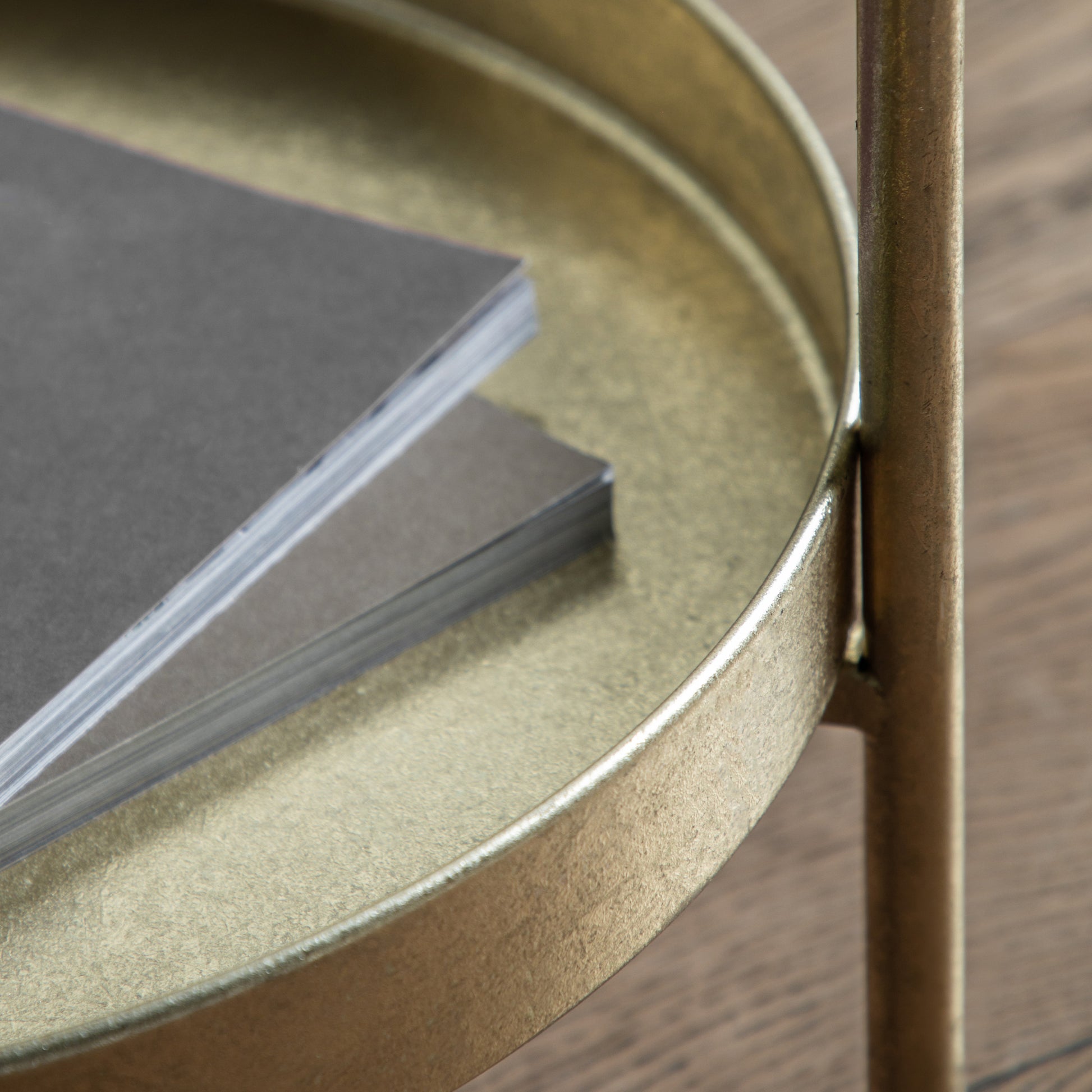 Gallery Direct Sennen Side Table in Gold leaf finish with a tray table top and lower shelf