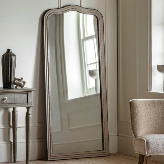 Gallery Direct Shoreline Arch Leaner Mirror Grey displayed in a styled interior
