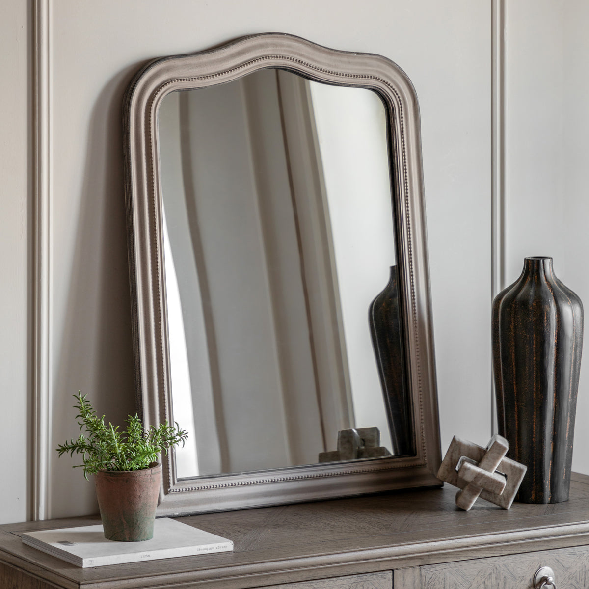 Gallery Direct Shoreline Arch Mirror Grey displayed in a styled interior