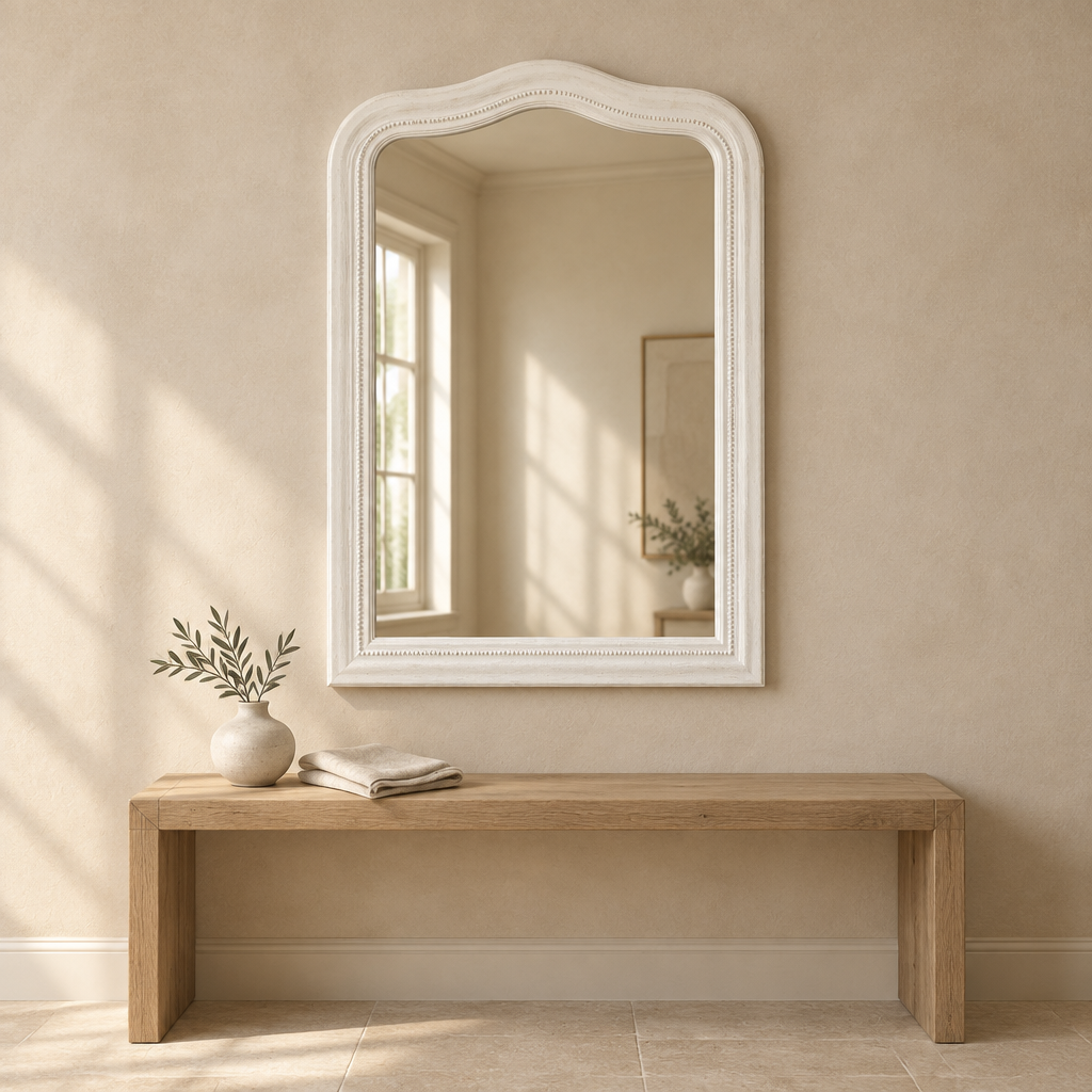 Gallery Direct Shoreline Arch Mirror White above an oak console in a neutral interior