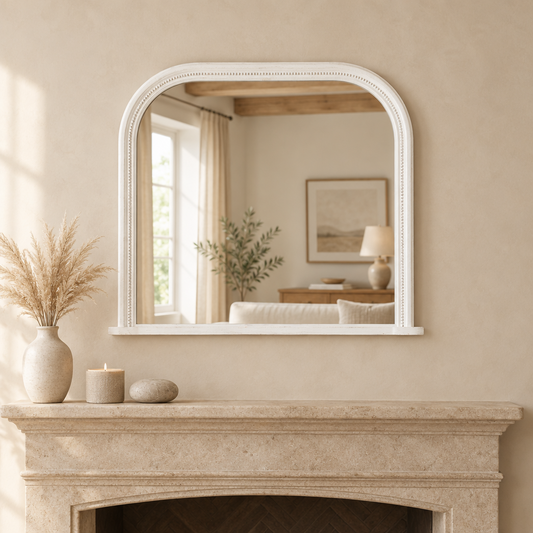 Gallery Direct Shoreline Overmantle Mirror White above a stone mantel in a neutral interior