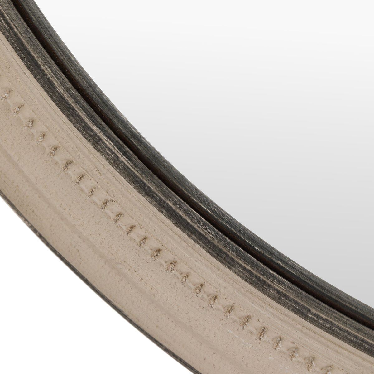 Gallery Direct Shoreline Round Mirror Grey, close-up of the mirror and frame details