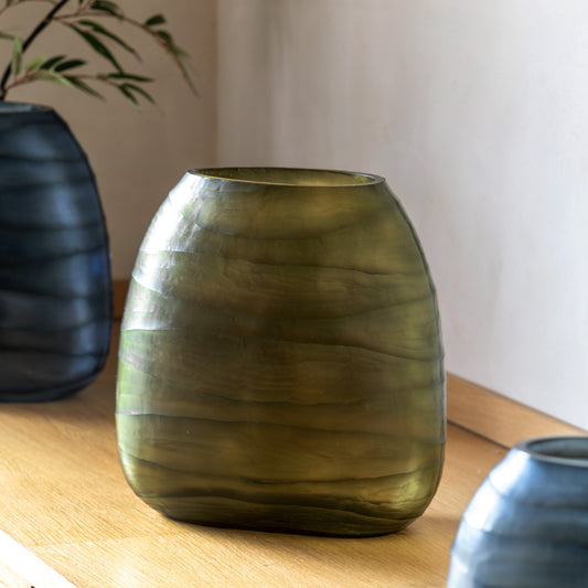 Gallery Direct Sintra Handblown Carved Glass Vase Olive Large, styled in a supplier lifestyle setting