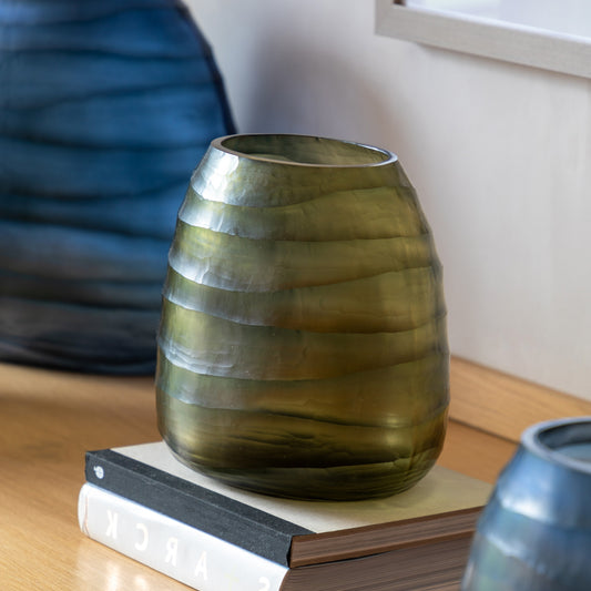 Gallery Direct Sintra Handblown Carved Glass Vase Olive Small, styled in a supplier lifestyle setting