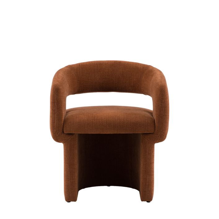 The Gallery Direct Sloane Dining Chair is a modern curved chair upholstered in a warm Rust coloured fabric