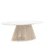Gallery Direct Soho Oval Dining Table is a modern piece of furniture for contemporary homes, with a marble table top and striking slatted wooden base
