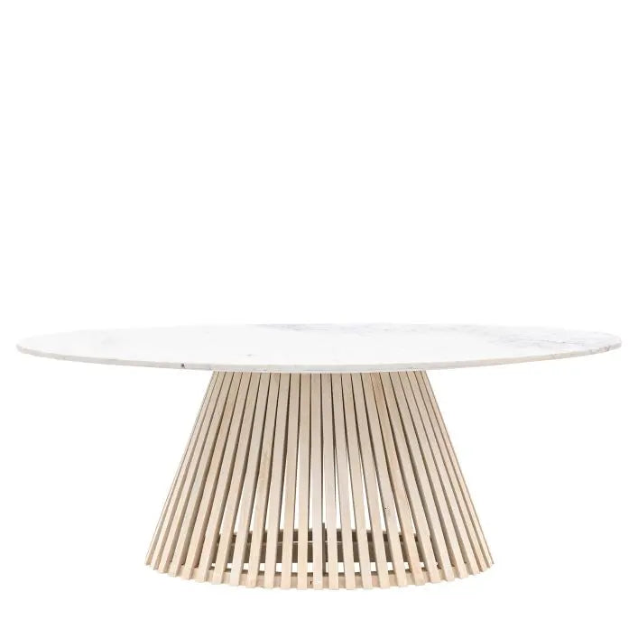 Gallery Direct Soho Oval Modern Dining Table with marble table top and a light wood slatted base