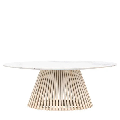 Gallery Direct Soho Oval Modern Dining Table with marble table top and a light wood slatted base