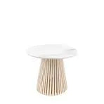 Gallery Direct Soho Oval Dining Table with an Indian marble table top and sloping slatted wooden base, perfect for modern, contemporary homes