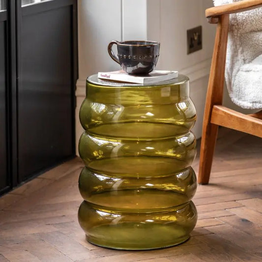 The Gallery Direct Sono Round Side Table in a Forest Green clear reinforced blown glass, with a bubble style design 