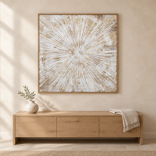 Gallery Direct Starburst Flair Framed Canvas above an oak console in a softly lit neutral interior