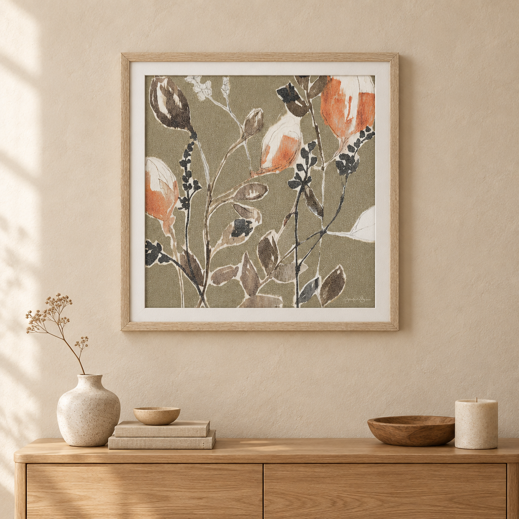 Gallery Direct Subtle Touch Framed Canvas above an oak console in a softly lit neutral interior