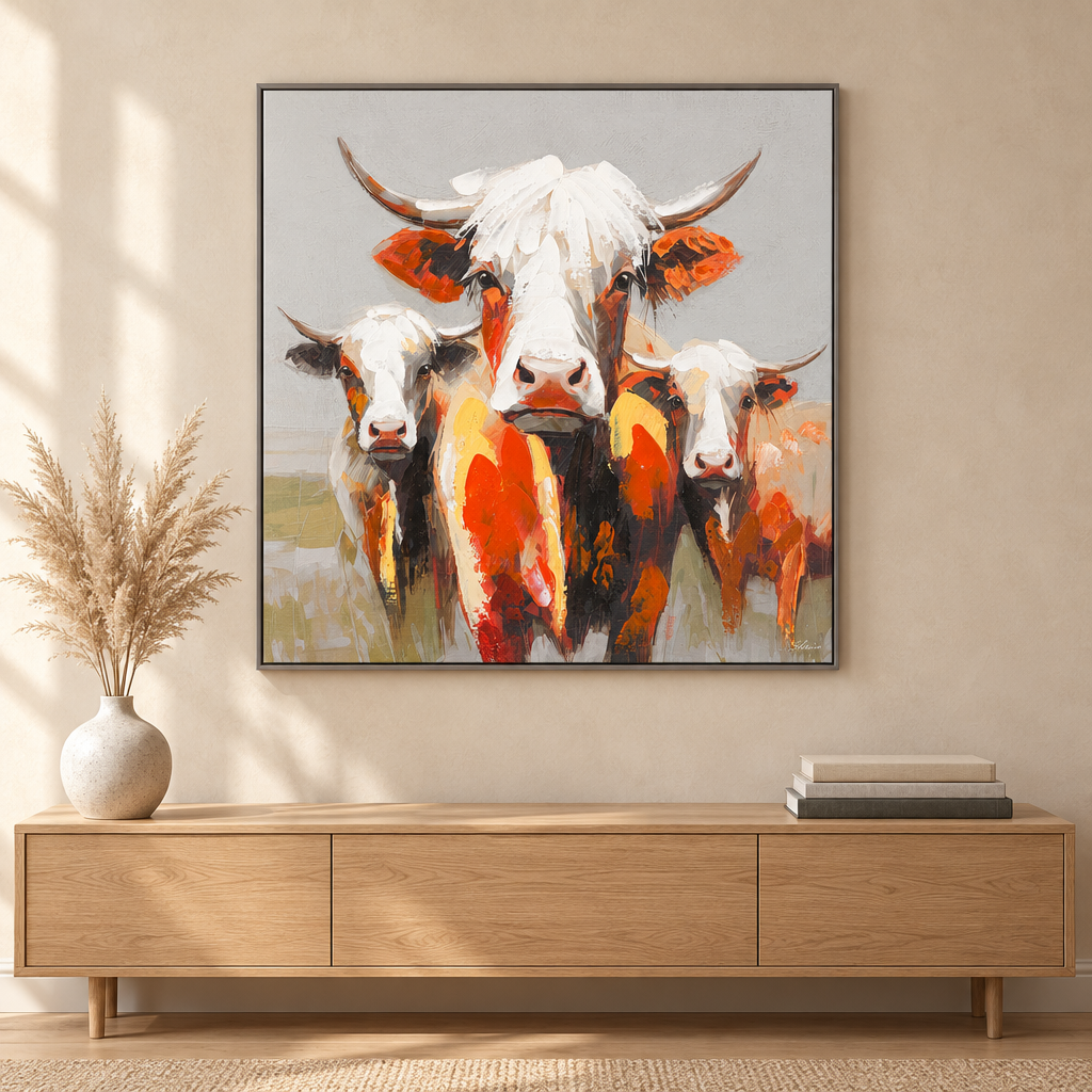 Gallery Direct The Moo Crew Framed Canvas above an oak sideboard in a warm neutral room