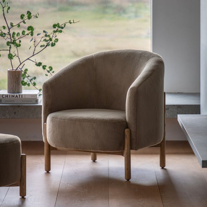 The Gallery Direct Tindon Armchair features a faux fur, soft plush fabric in Alaska Khaki colour. A matching footstool is also available